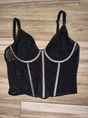 Black Mesh Longline Bustier with Silver Trim - Women Intimates & Sleepwear